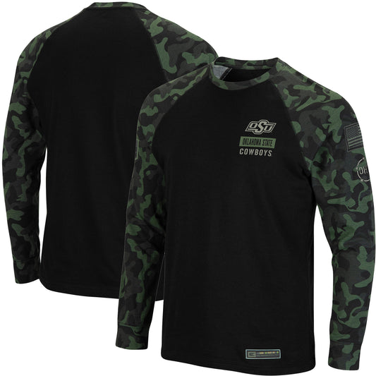 Men's Colosseum Black Oklahoma State Cowboys OHT Military Appreciation Camo Raglan Long Sleeve T-Shirt