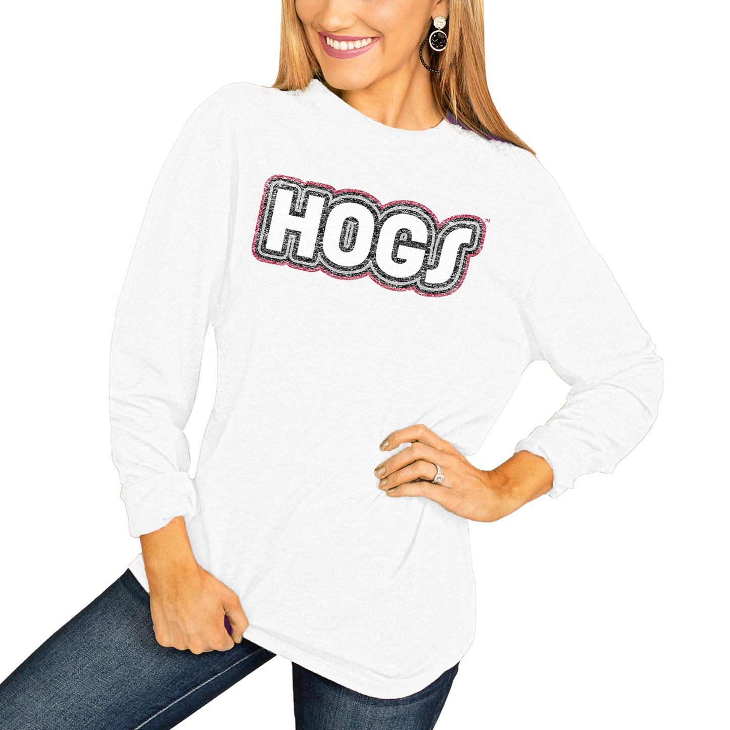 Women's White Arkansas Razorbacks It's A Win Vintage Vibe Long Sleeve T-Shirt