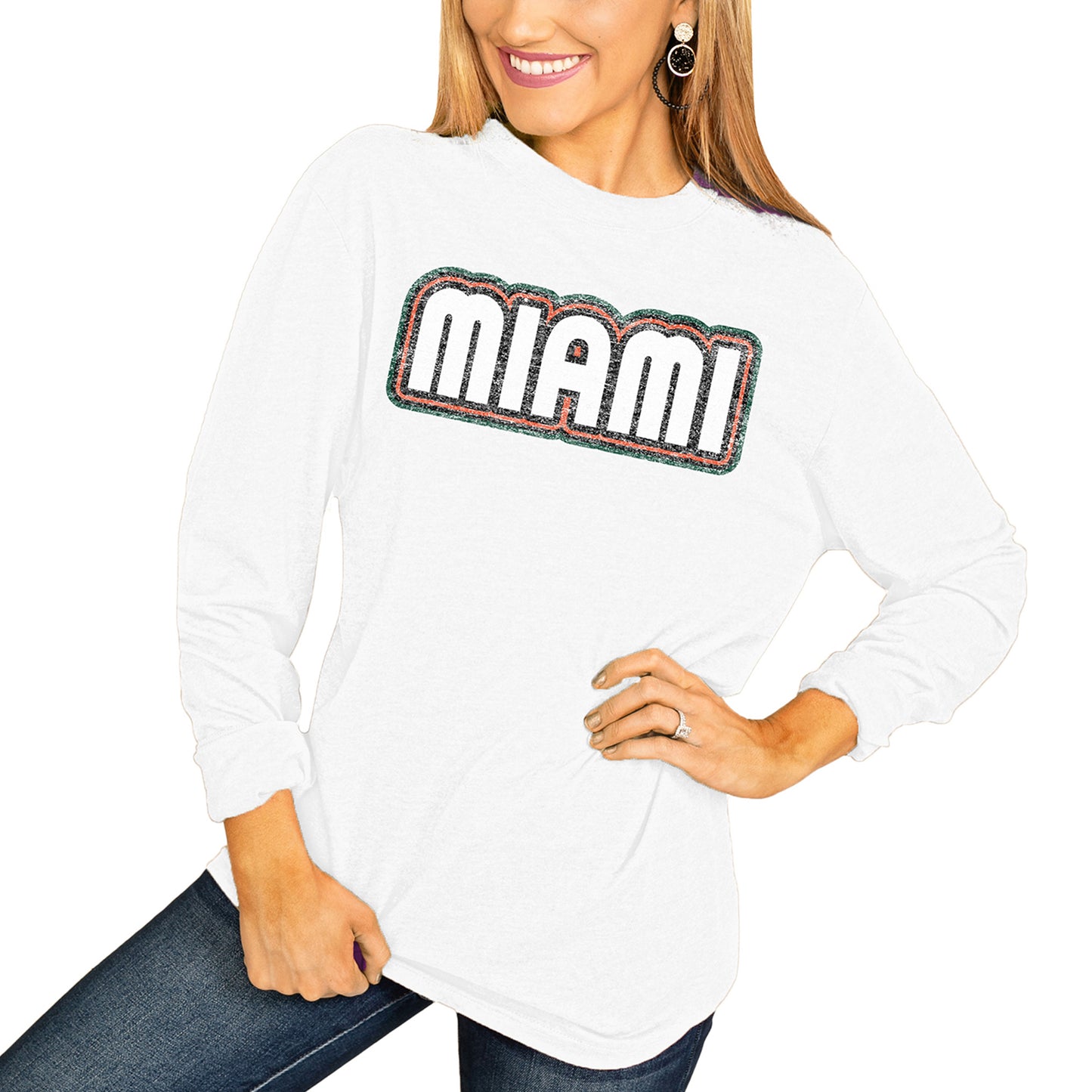 Women's White Miami Hurricanes It's A Win Vintage Vibe Long Sleeve T-Shirt