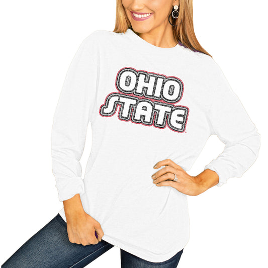 Women's White Ohio State Buckeyes It's A Win Vintage Vibe Long Sleeve T-Shirt