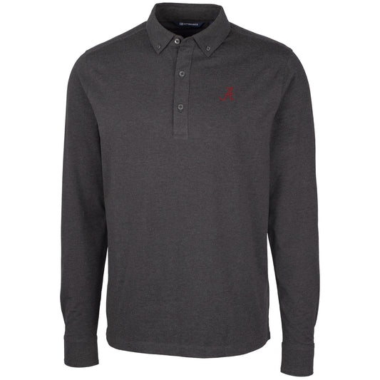 Men's Cutter & Buck Heather Black Alabama Crimson Tide Advantage Long Sleeve Polo