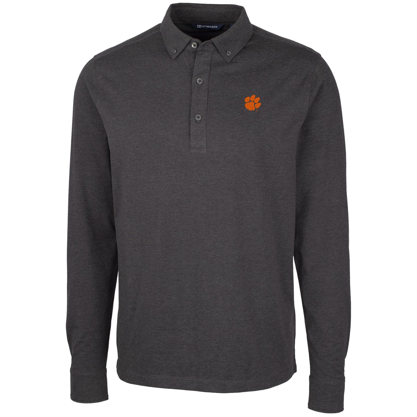 Men's Cutter & Buck Heather Black Clemson Tigers Advantage Long Sleeve Polo