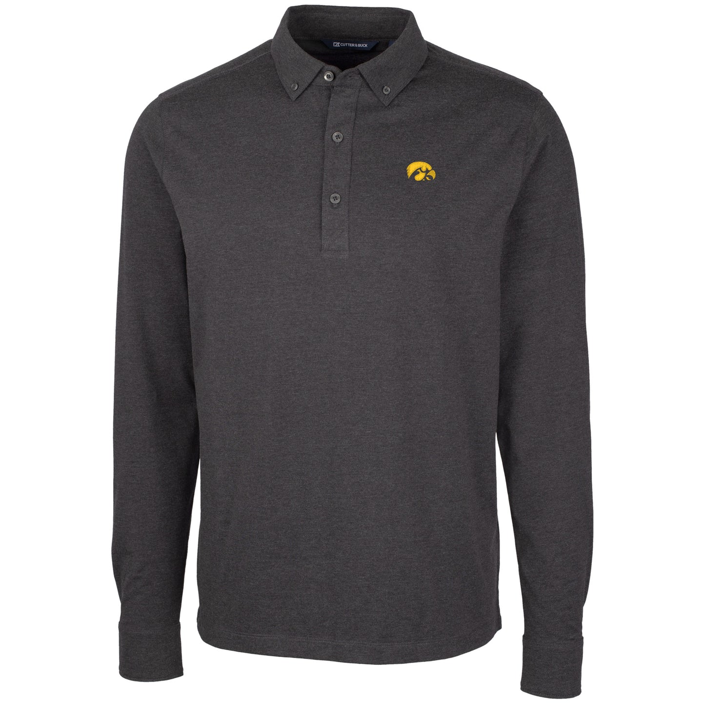 Men's Cutter & Buck Heather Black Iowa Hawkeyes Advantage Long Sleeve Polo