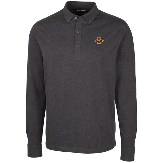 Men's Cutter & Buck Heather Black Iowa State Cyclones Advantage Long Sleeve Polo