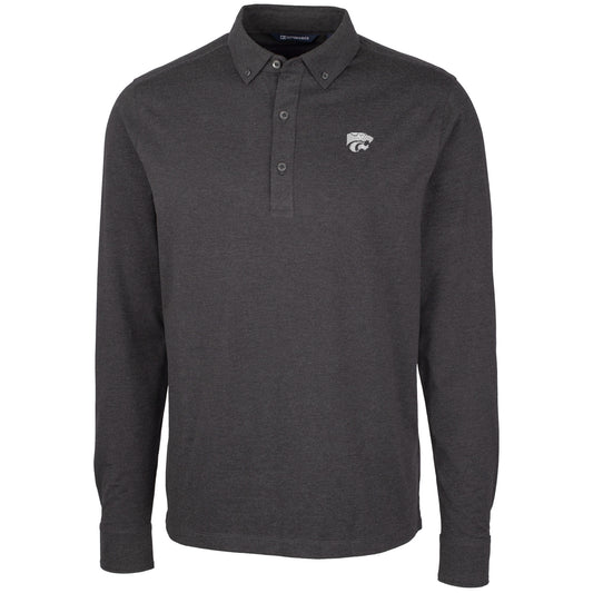 Men's Cutter & Buck Heather Black Kansas State Wildcats Advantage Long Sleeve Polo