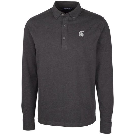 Men's Cutter & Buck Heather Black Michigan State Spartans Advantage Long Sleeve Polo