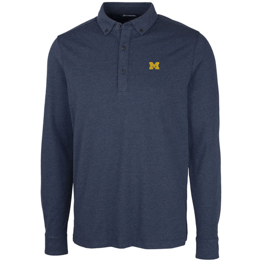 Men's Cutter & Buck Heather Navy Michigan Wolverines Advantage Long Sleeve Polo