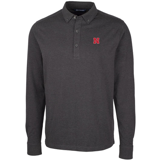 Men's Cutter & Buck Heather Black Nebraska Huskers Advantage Long Sleeve Polo