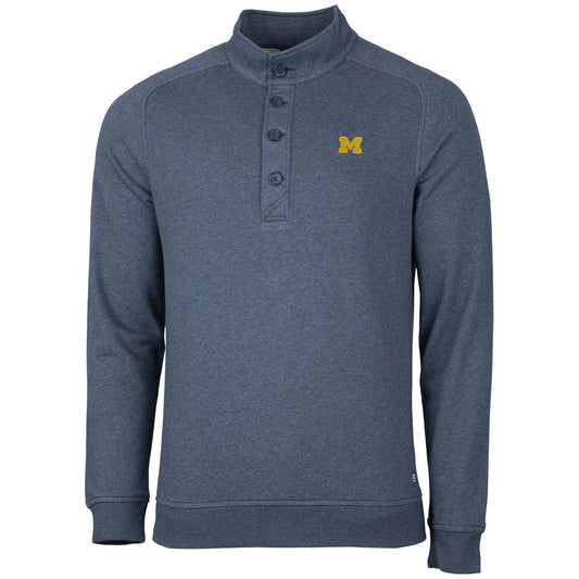 Men's Cutter & Buck Heather Navy Michigan Wolverines Saturday Mock Pullover Sweatshirt