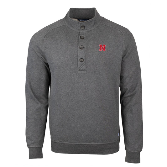 Men's Cutter & Buck Heather Charcoal Nebraska Huskers Saturday Mock Pullover Sweatshirt