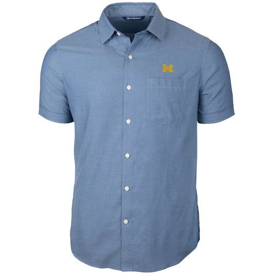 Men's Cutter & Buck Navy Michigan Wolverines Windward Twill Button-Up Short Sleeve Shirt