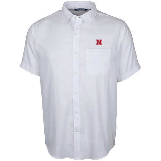 Men's Cutter & Buck White Nebraska Huskers Windward Twill Button-Up Short Sleeve Shirt