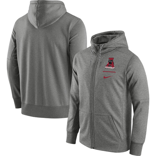 Men's Nike Heathered Gray Alabama Crimson Tide Throwback Primary Logo Stack Performance Full-Zip Hoodie