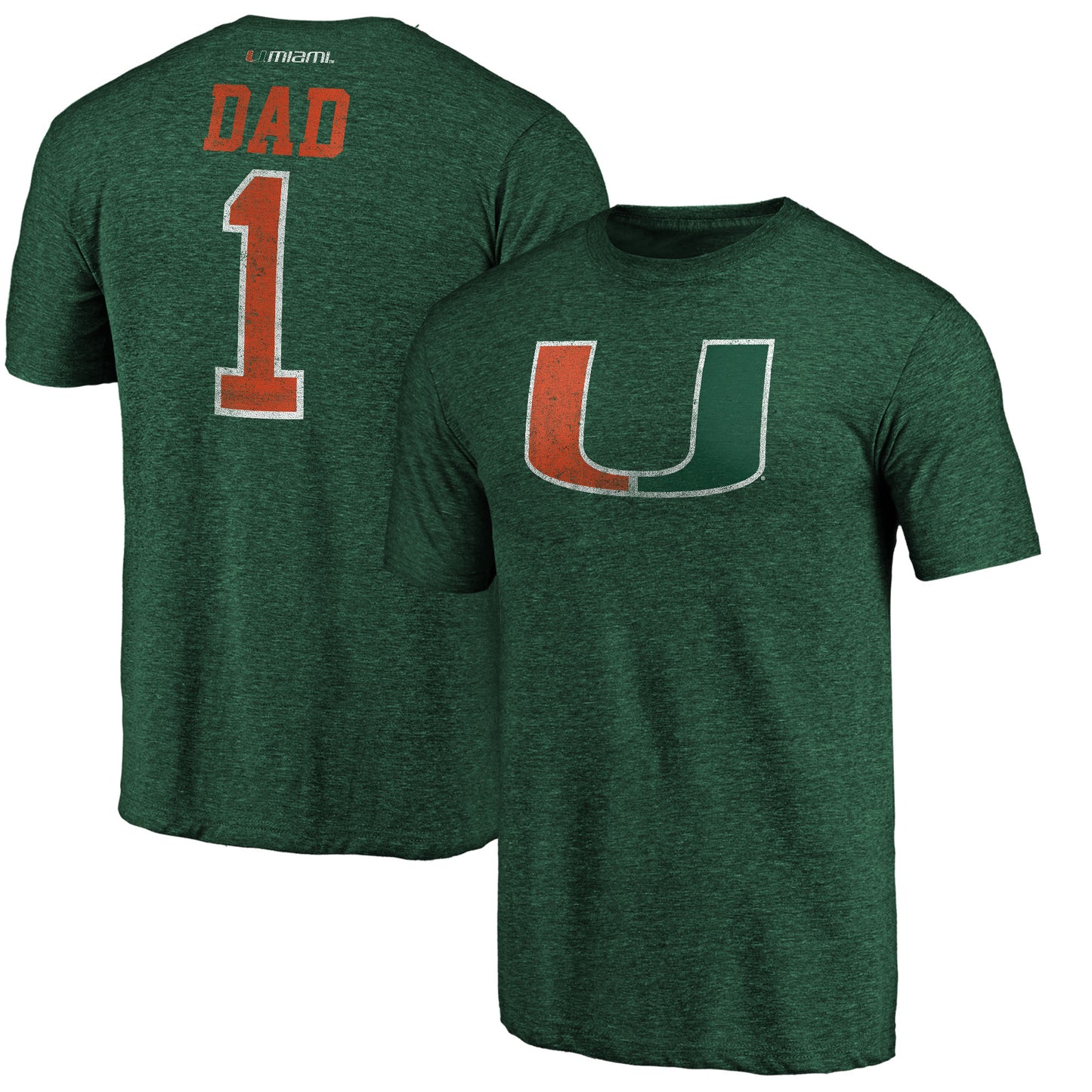 Men's Green Miami Hurricanes Greatest Dad Logo Tri-Blend T-Shirt