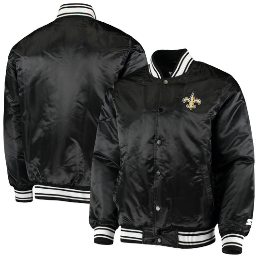 Men's Starter Black New Orleans Saints Locker Room Satin Varsity Full-Snap Jacket