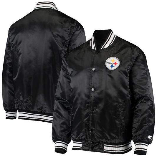 Men's Starter Black Pittsburgh Steelers Locker Room Satin Varsity Full-Snap Jacket