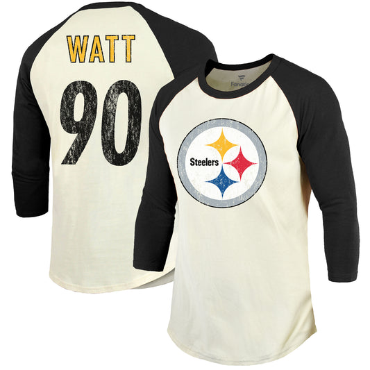 Men's Majestic Threads T.J. Watt Cream/Black Pittsburgh Steelers Vintage Player Name & Number 3/4-Sleeve Fitted T-Shirt