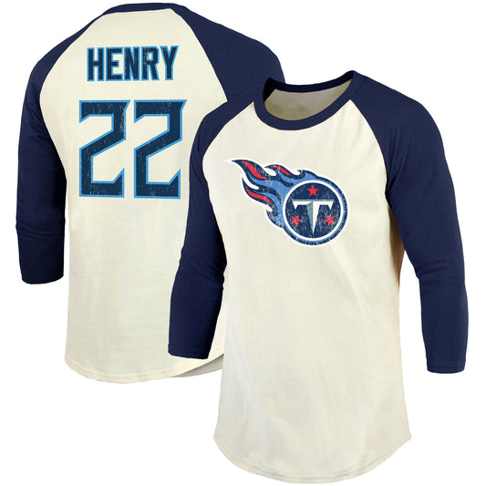 Men's Majestic Threads Derrick Henry Cream/Navy Tennessee Titans Vintage Player Name & Number 3/4-Sleeve Fitted T-Shirt