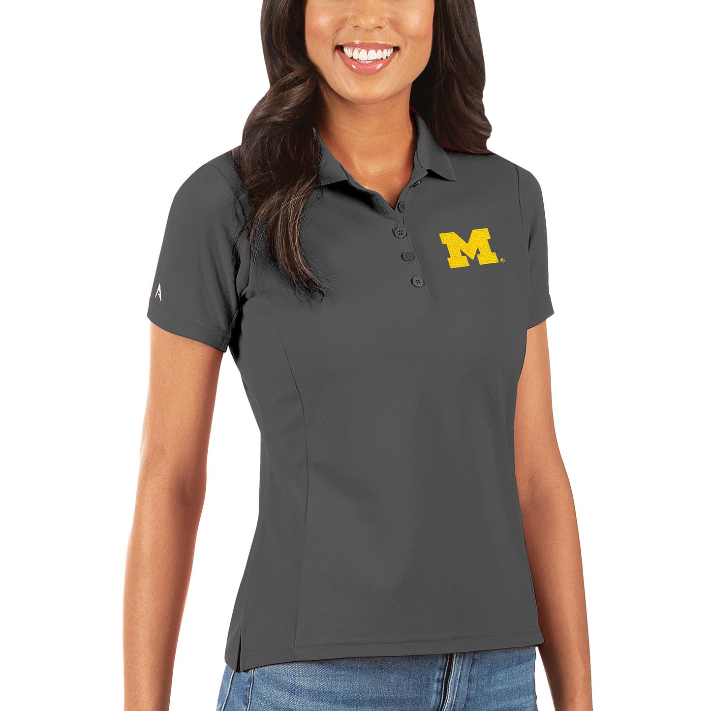 Women's Antigua Charcoal Michigan Wolverines Legacy Pique Polo