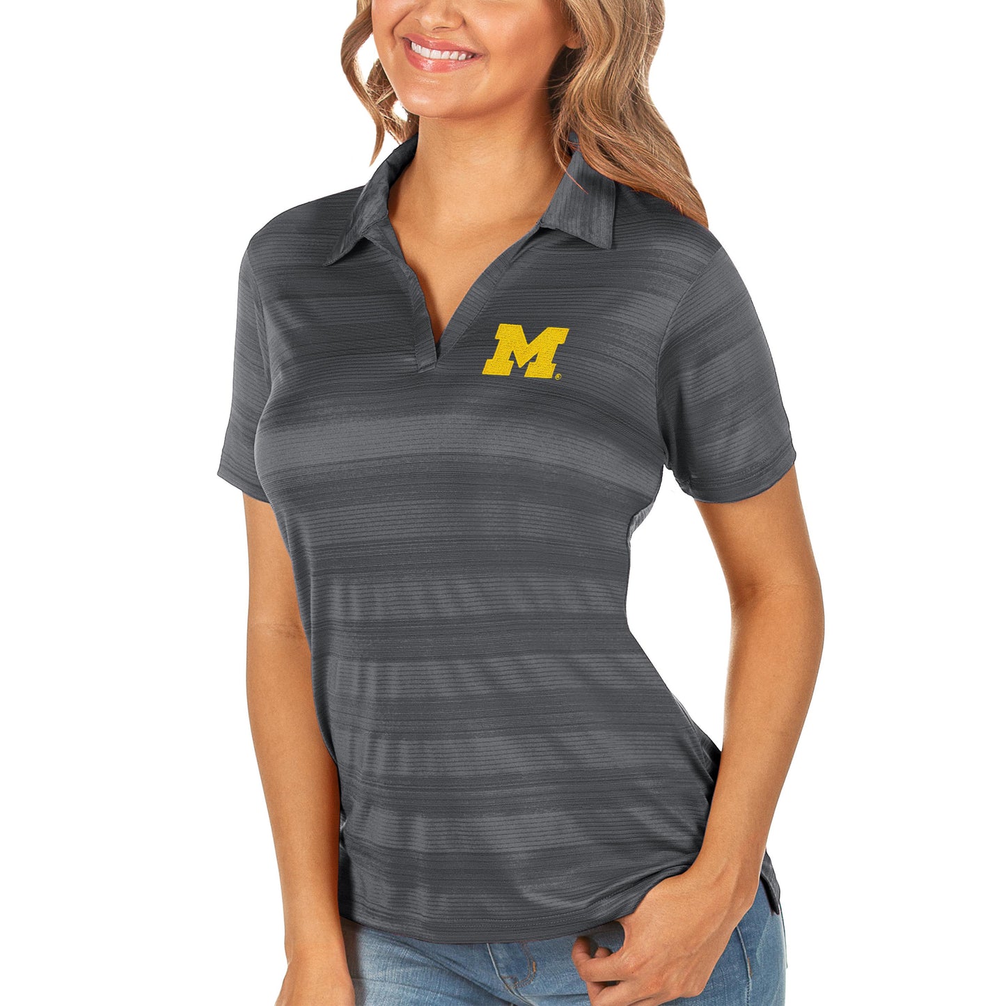 Women's Antigua Charcoal Michigan Wolverines Compass Polo