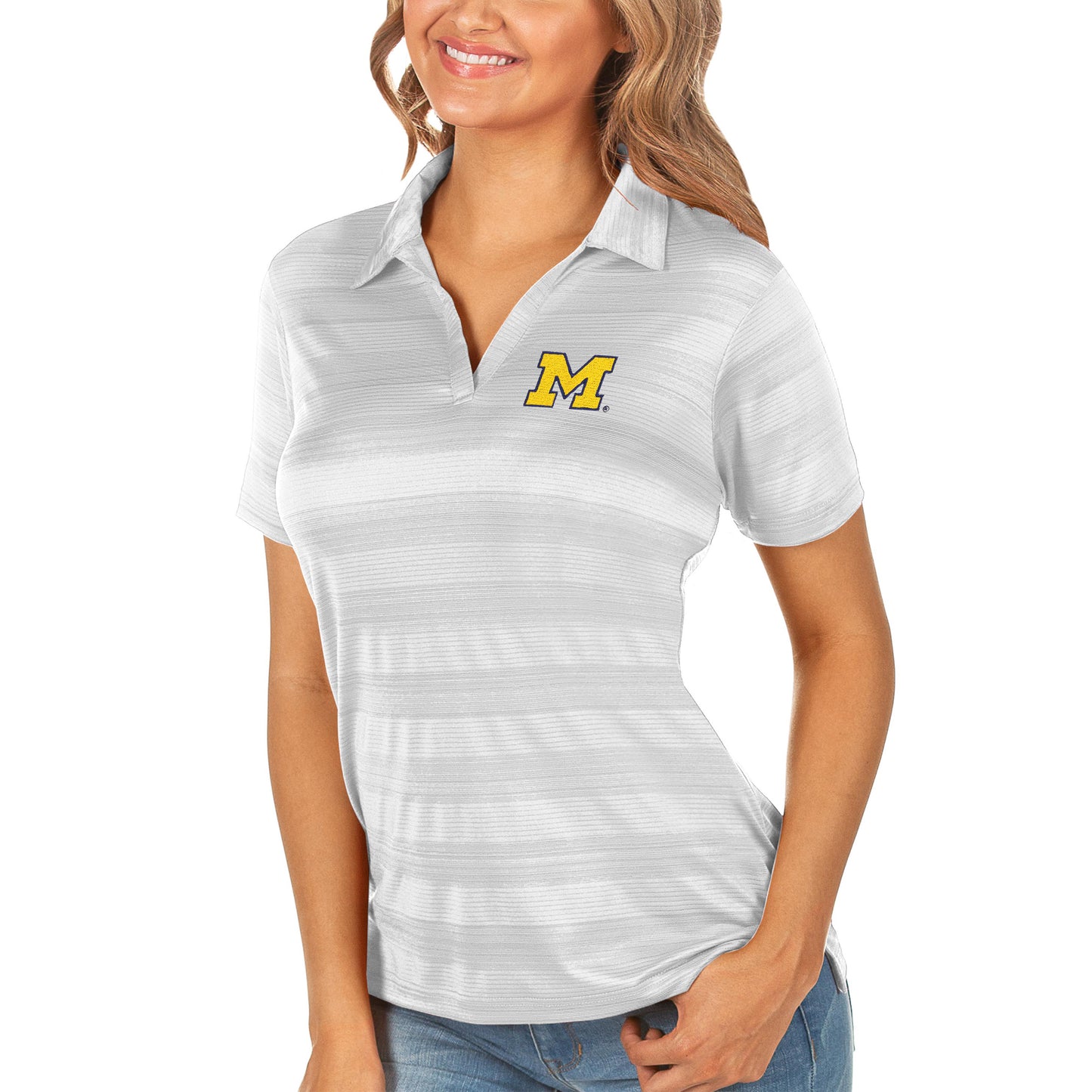 Women's Antigua White Michigan Wolverines Compass Polo