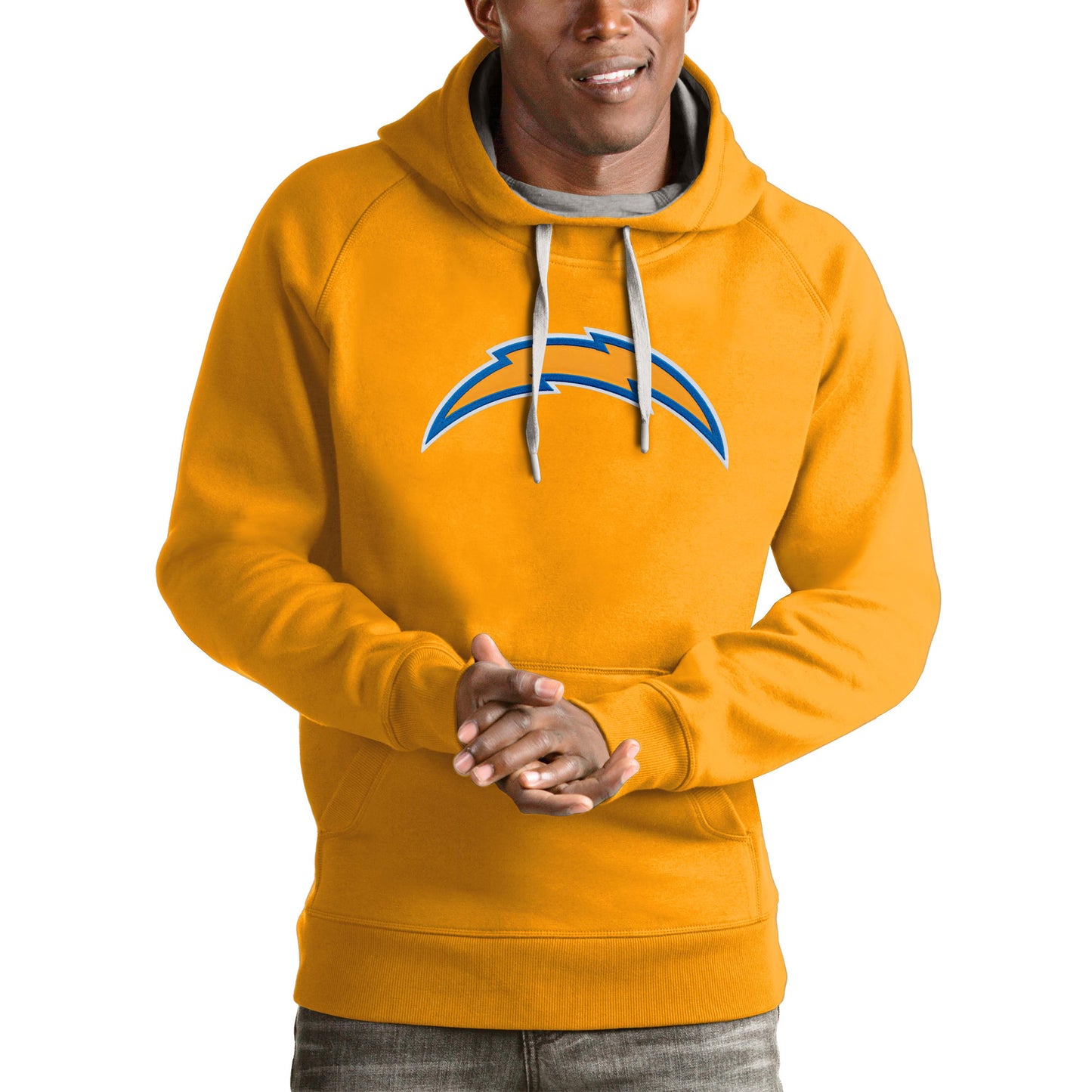 Men's Antigua Gold Los Angeles Chargers Victory Pullover Hoodie