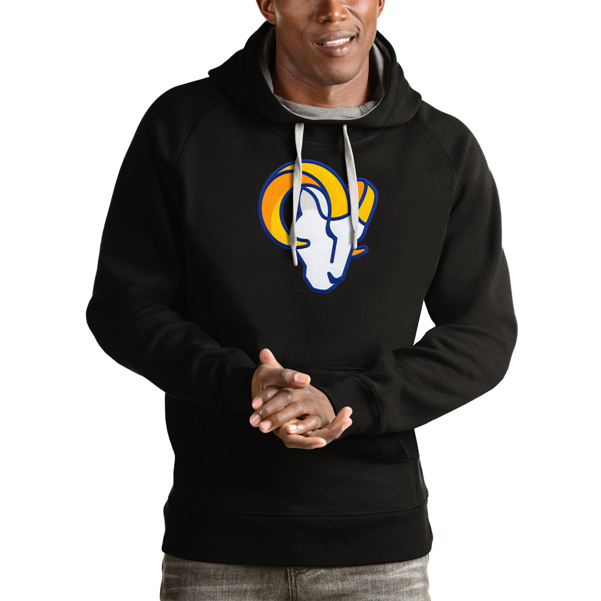 Men's Antigua Black Los Angeles Rams Victory Pullover Hoodie