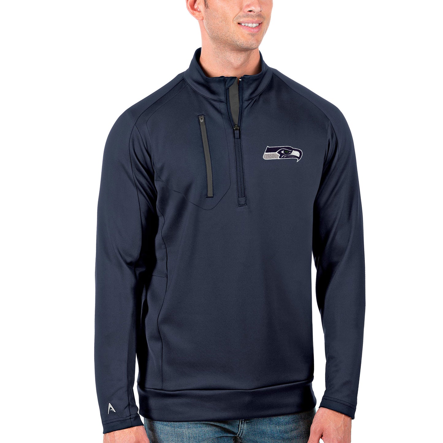 Men's Antigua Navy/Charcoal Seattle Seahawks Generation Quarter-Zip Pullover Jacket