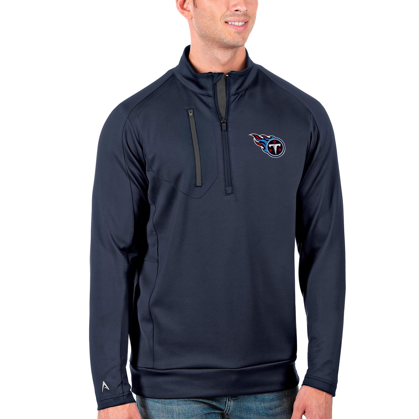 Men's Antigua Navy/Charcoal Tennessee Titans Generation Quarter-Zip Pullover Jacket