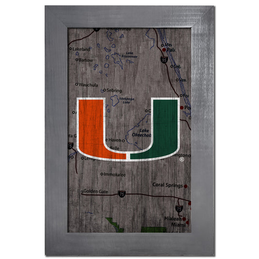 Miami Hurricanes 11'' x 19'' Framed Team City Map Sign