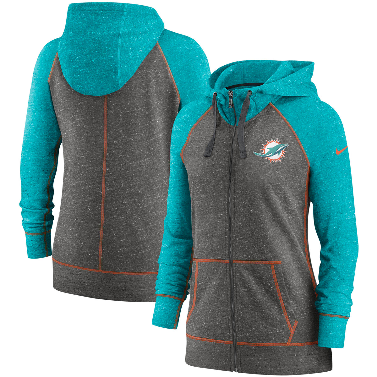 Women's Nike Heathered Charcoal/Aqua Miami Dolphins Gym Vintage Raglan Full-Zip Hoodie
