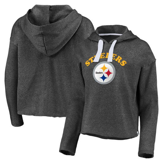 Women's Fanatics Heathered Charcoal Pittsburgh Steelers Historic Logo Sport Resort Vintage Arc Cropped Raw Edge Pullover Hoodie