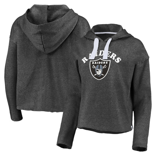 Women's Fanatics Heathered Charcoal Las Vegas Raiders Historic Logo Sport Resort Vintage Arc Cropped Raw Edge Pullover Hoodie