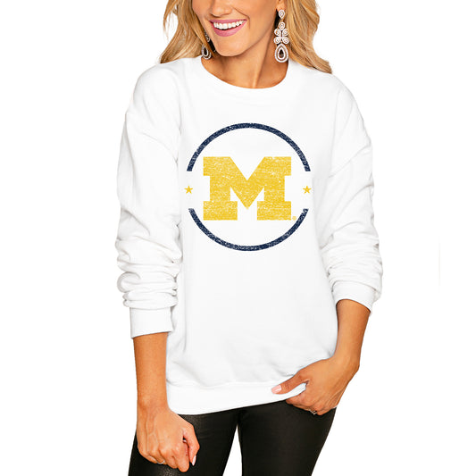 Women's White Michigan Wolverines End Zone Pullover Sweatshirt