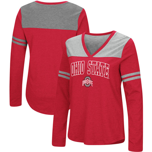 Women's Colosseum Heathered Scarlet Ohio State Buckeyes Dual Blend Logo Long Sleeve V-Neck T-Shirt