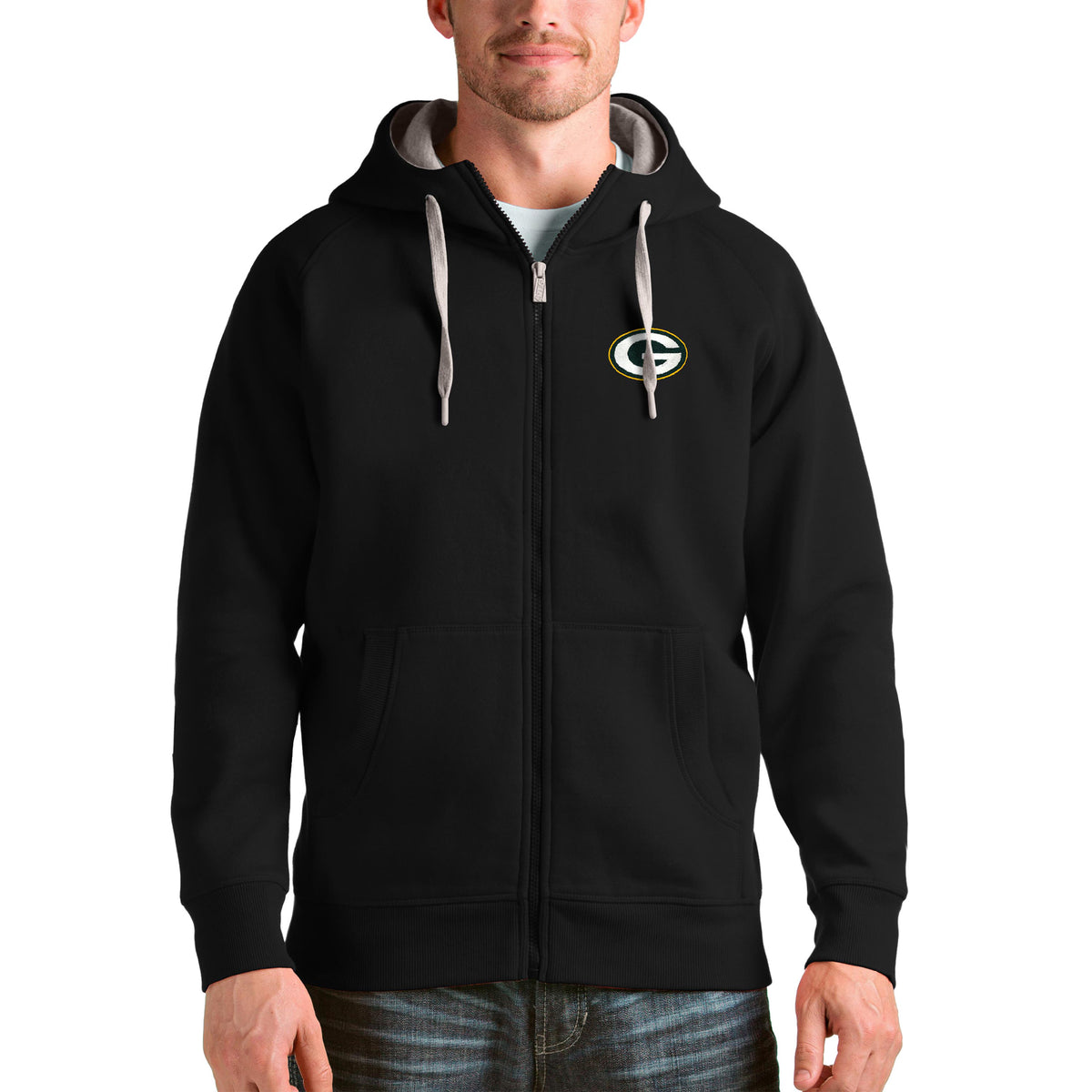 Men's Antigua Black Green Bay Packers Victory Full-Zip Hoodie
