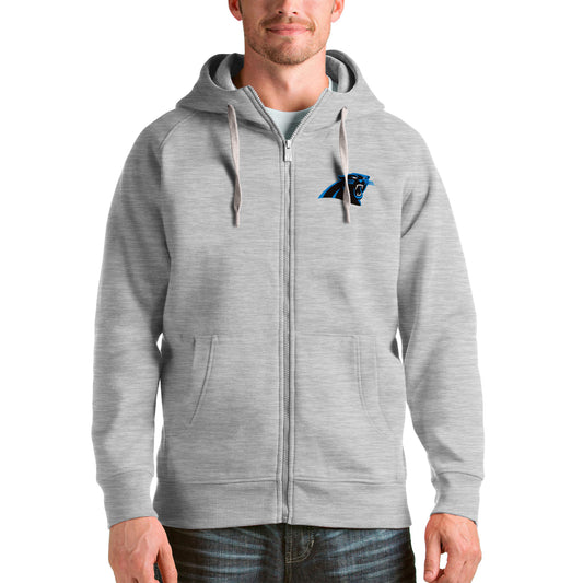 Men's Antigua Heather Gray Carolina Panthers Victory Full-Zip Hoodie