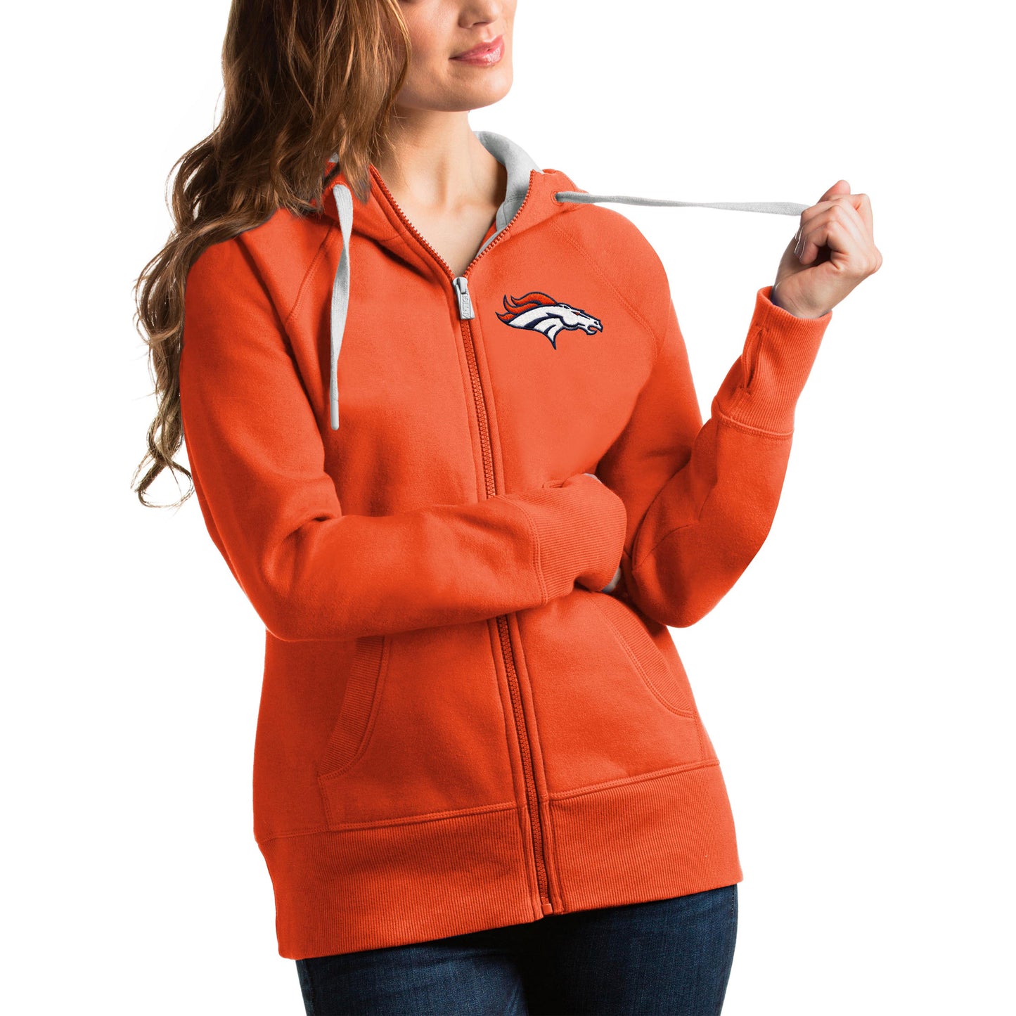 Women's Antigua Orange Denver Broncos Victory Full-Zip Hoodie