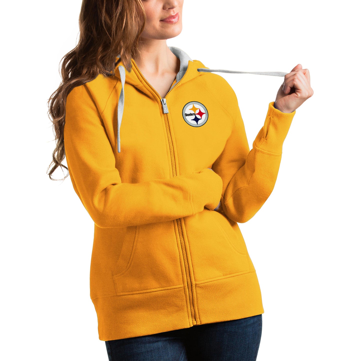 Women's Antigua Gold Pittsburgh Steelers Victory Full-Zip Hoodie