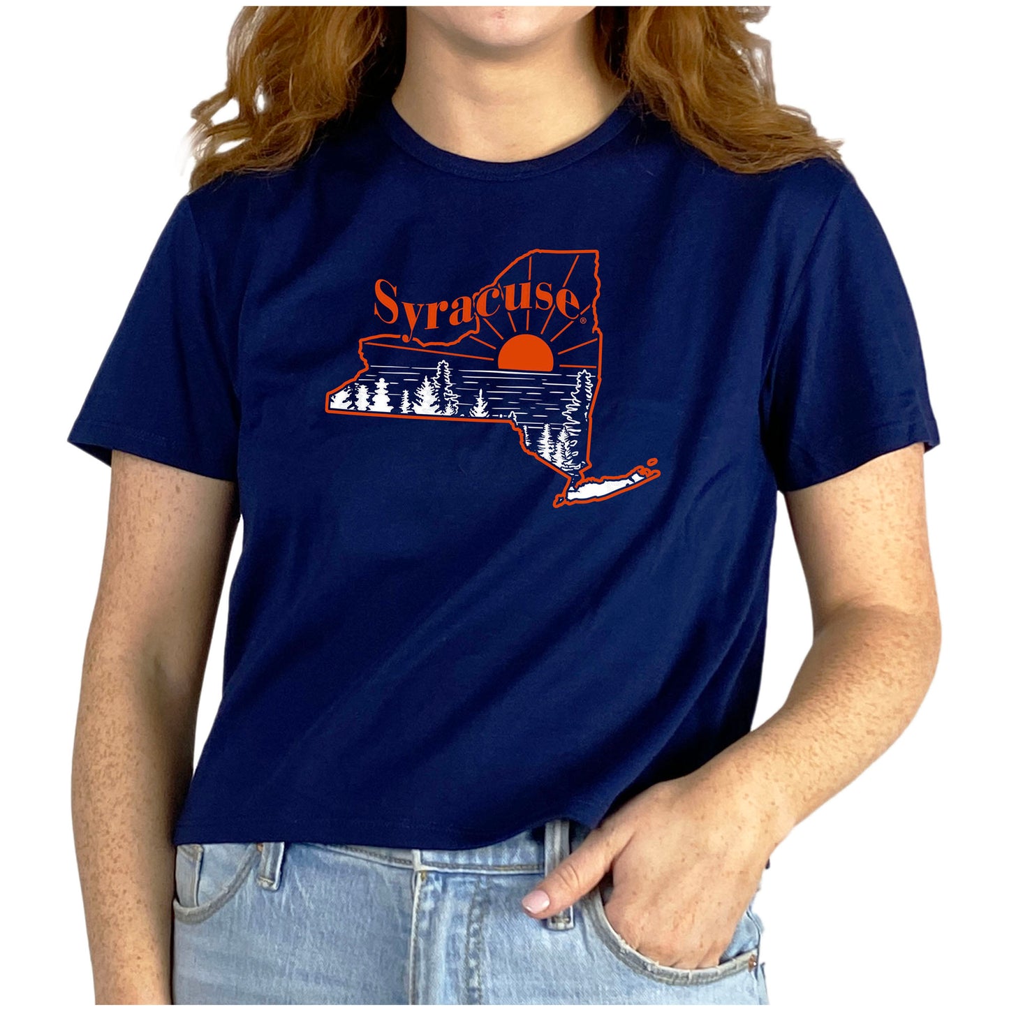 Women's ZooZatz Navy Syracuse Orange Scenic State Crop T-Shirt