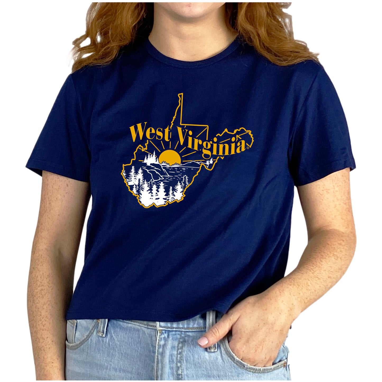 Women's ZooZatz Navy West Virginia Mountaineers Scenic State Crop T-Shirt