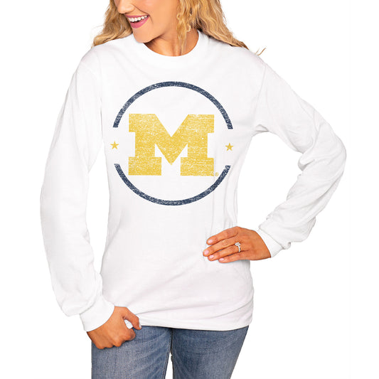 Women's White Michigan Wolverines End Zone Long Sleeve T-Shirt