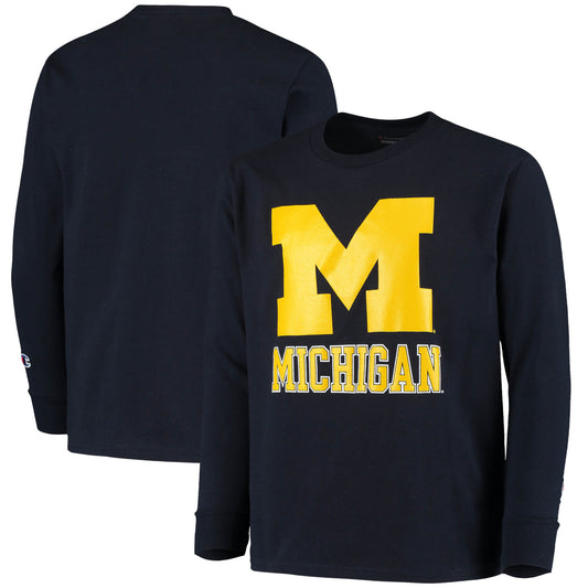 Youth Champion Navy Michigan Wolverines Lockup Long Sleeve T-Shirt