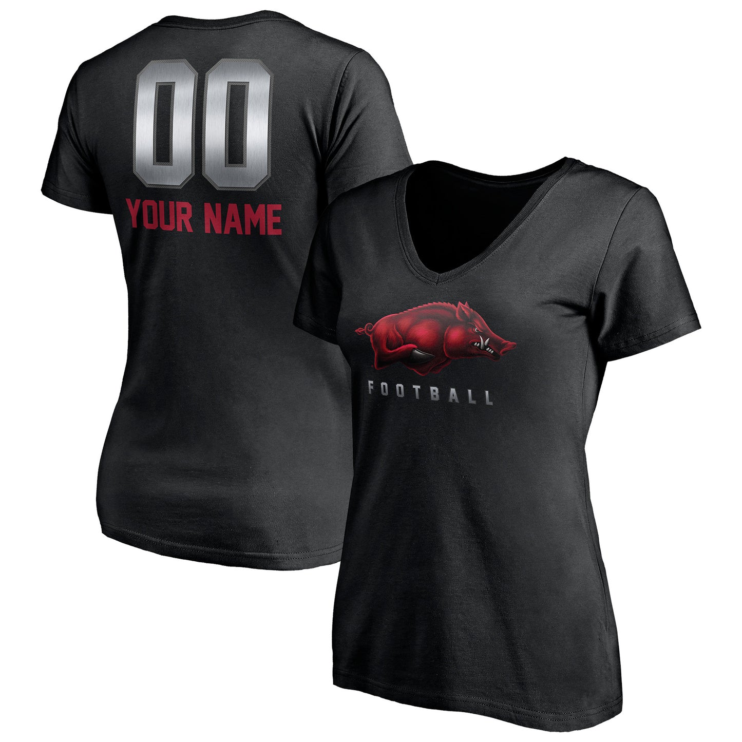 Women's Black Arkansas Razorbacks Personalized Any Name & Number Midnight Mascot V-Neck T-Shirt