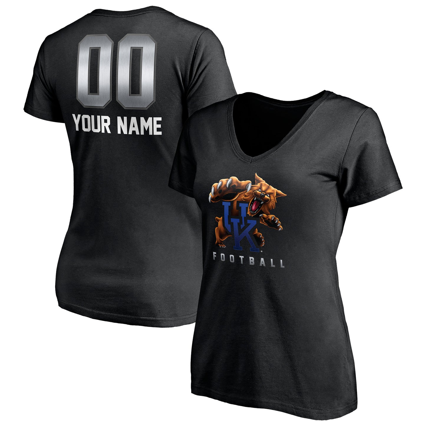 Women's Black Kentucky Wildcats Personalized Any Name & Number Midnight Mascot V-Neck T-Shirt