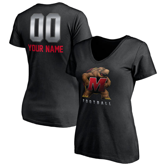 Women's Black Maryland Terrapins Personalized Any Name & Number Midnight Mascot V-Neck T-Shirt