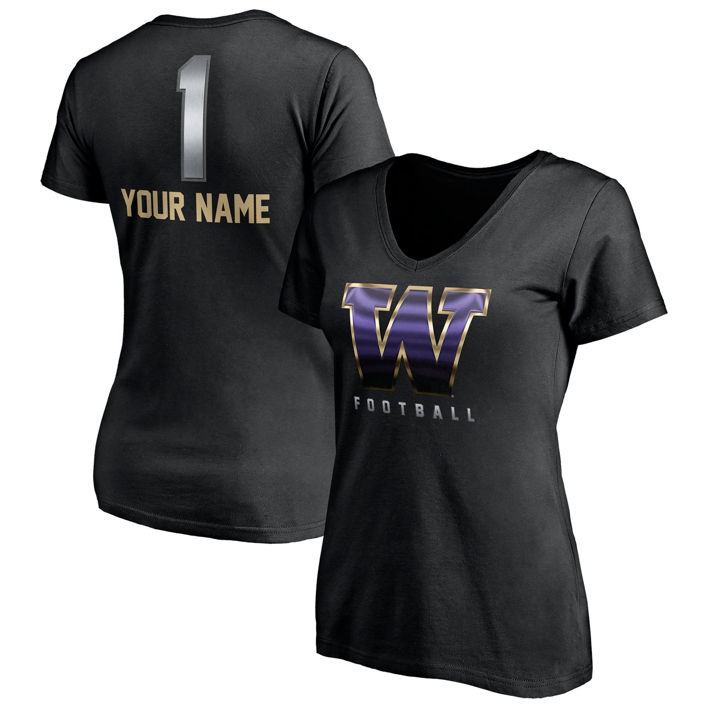 Women's Black Washington Huskies Personalized Any Name Midnight Mascot V-Neck T-Shirt