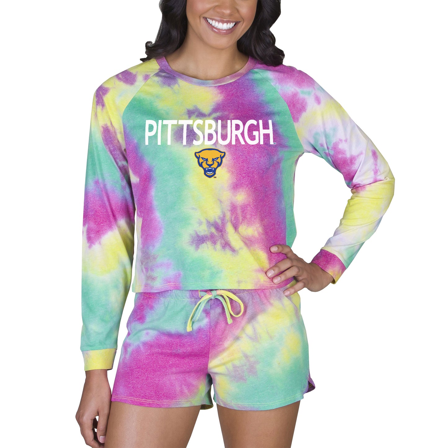 Women's Concepts Sport Pitt Panthers Velodrome Tie-Dye Long Sleeve Top & Shorts Set