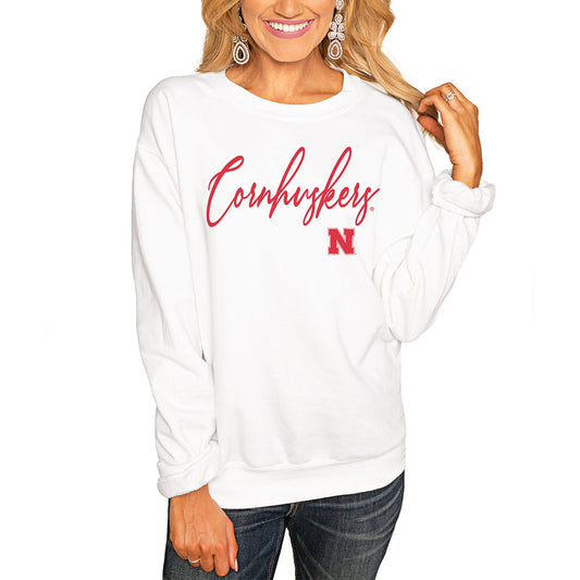 Women's White Nebraska Huskers Win the Day Pullover Sweatshirt