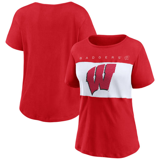 Women's Fanatics Red/White Wisconsin Badgers Winning Block Boat Neck T-Shirt